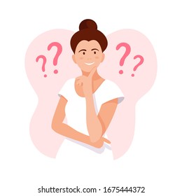 WOMAN THINKS. Girl thinking about problems, finance, life, relationship etc. Question. Girl solves a problem. Mom doubts. Woman with question marks. Cartoon vector illustration