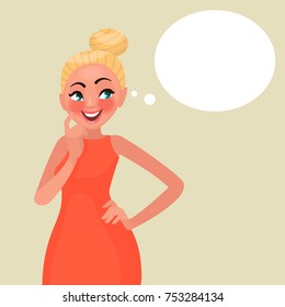 Woman thinks. A good idea and a speech bubble. Vector illustration in cartoon style Woman thinks. A good idea and a speech bubble. Vector illustration in cartoon style