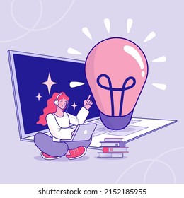 Woman thinks of great idea. Good idea reach inspiration motivation, found solution for success at work. Business project startup process. Flat Cartoon Vector Illustration.