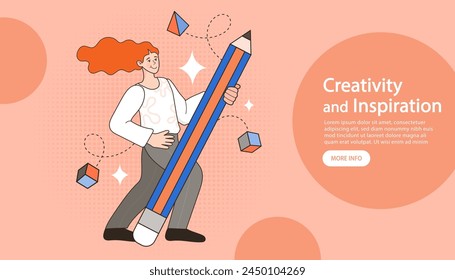 woman thinks of great idea. People holding a big pencil And is walking forward. Good idea reach inspiration motivation, found solution for success at work. Flat Cartoon Vector Illustration.