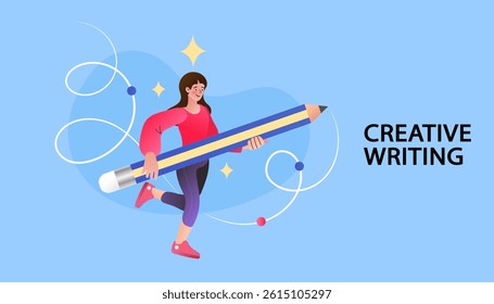 woman thinks of great idea. People holding a big pencil And is walking forward. Good idea reach inspiration motivation, found solution for success at work. Flat Cartoon Vector Illustration.
