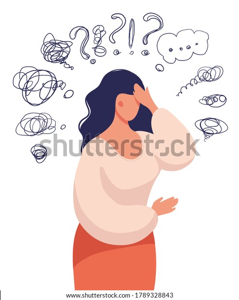 A woman thinks over a problem,\
suffers from obsessive thoughts, headache, unresolved issues,\
psychological trauma, depression. Flat vector\
illustration.