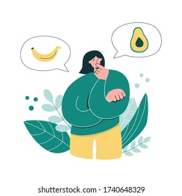 Woman Thinks Over What To Eat. Young Girl Making Decision On Food. Considering Keto Diet. High Or Low Carb Eating Option. Banana Or Avocado Choice. Modern Flat Illustration On Healthy Eating.