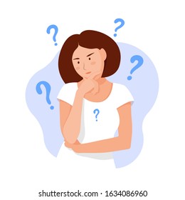 Woman Thinks. Question. Thinking Girl Concept. Think About Problems, Finance, Life, Relationship Etc. Girl Solves A Problem. Mom Doubts. Cartoon Thinking Woman With Question Marks. Vector Flat Style