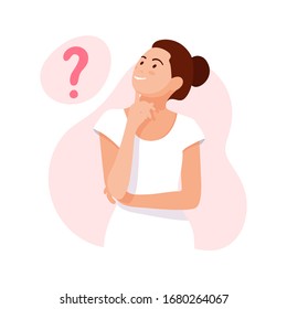 WOMAN THINKS. Thought bubble. Girl thinking about problems, finance, life, relationship etc. Question. Girl solves a problem. Mom doubts. Woman with question mark. Cartoon vector illustration