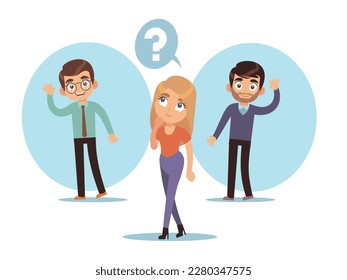 Woman thinks of two handsome men and tries to decide who she loves. Boy waving hand. Choose partner for romantic relationships. Dating app cartoon flat illustration. Vector concept