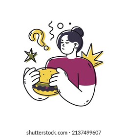 A woman thinks if it is worth eating a burger. Fast-food or healthy food concept. Choosing the Right Nutrition. Refusal of sweet and junk food. Flat style in vector illustration. Isolated element.