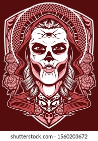 Woman With Third Eye. Spiritual Priestess Character Sticker, Patch. Female Mystic Prophet, Magician Old School Tattoo Design. Witch, Occult Goddess Apparel Print. Fortune Telling Concept