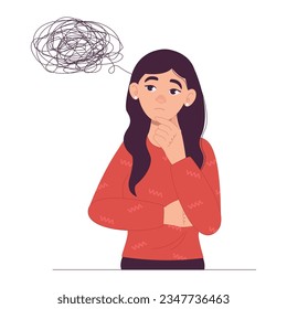 Woman thought. Confused thoughts. Problems. Overthinking. Vector graphic.