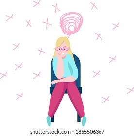 The woman is in thought and confusion. Health and psychological problems solving