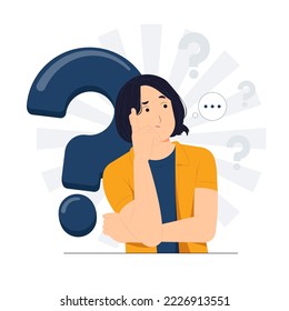 Woman with thoughtful focused expression thinking, questioned, curiosity, and feeling confused concept illustration