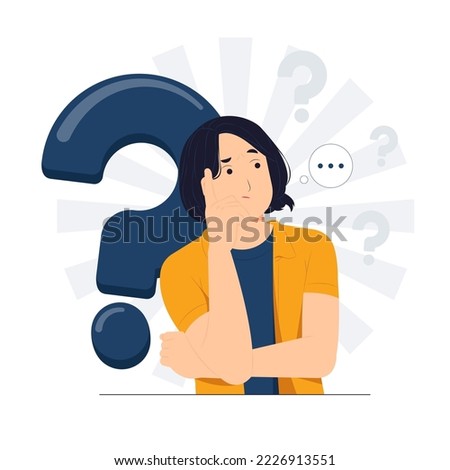 Woman with thoughtful focused expression thinking, questioned, curiosity, and feeling confused concept illustration