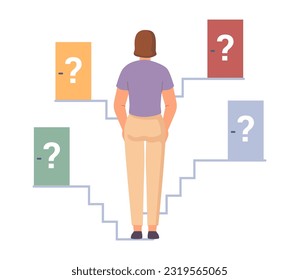 Woman in thoughtful pose, back view. Choice concept, woman thinking, with question mark. Making solution, path choice, uncertain lady searching the way. Challenge and opportunities
