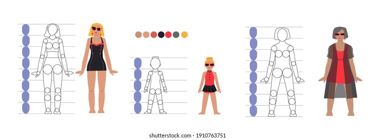 A woman of three ages in the FAS with overall dimensions. Silhouette of a mannequin and a girl in retro swimsuits. Flat style illustrations.