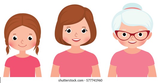 Woman three different stages of childhood ages maturity and old age Stock vector illustration