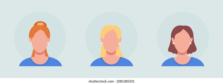 Woman with three hair types color semi flat color vector character avatar set. Portrait from front view. Isolated modern cartoon style illustration for graphic design and animation pack