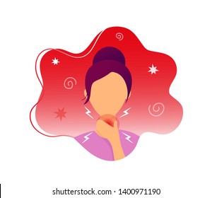 Woman with throat pain touching her neck.  Flat modern trendy style.Vector illustration character icon. Isolated on white background. 