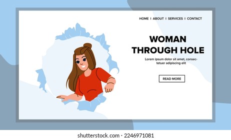 woman through hole vector. paper girl, female face, looking hand, crack woman through hole web flat cartoon illustration