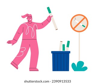 Woman throw away of cigarettes in trash. Stop smoking and healthy lifestyle concept. Colorful vector illustration

