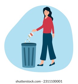 Woman throw cigarettes into trash can in flat design. Female quit smoking concept vector illustration.