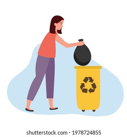 Woman throw garbage in a trash bin in flat design.