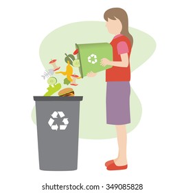 Woman Throw Organic Garbage Away In Container