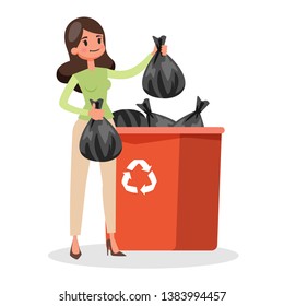 Woman throw plastic bag with garbage in a trash bin. Housewife clean house. Red container for trash. Isolated vector cartoon illustration