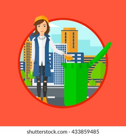 Woman throwing away a garbage in a green trash in the city. Woman throwing away trash. Eco-friendly woman throwing trash. Vector flat design illustration in the circle isolated on background.