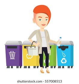 Woman throwing away garbage. Woman standing near four bins and throwing away garbage in an appropriate bin. Concept of garbage separation. Vector flat design illustration isolated on white background.