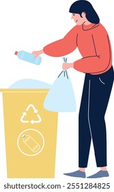 A woman is throwing away a plastic bottle in a trash can