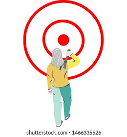 Woman Throwing Axe In The Target. Isolated On White Background. Business Tarhet Concept. Vector