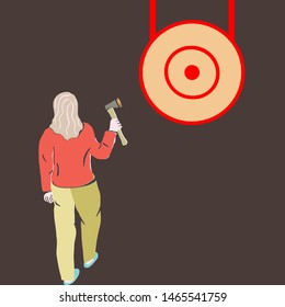 Woman Throwing Axe In Wood Target, Hatchet Throwing, Success Axe. Business Achievement Concept. Vector