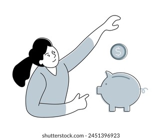 Woman Throwing Coin Into Piggy Bank