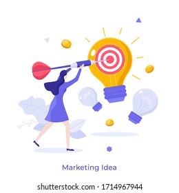 Woman throwing dart in target or dartboard on glowing light bulb. Concept of marketing idea generation, business innovation, creativity, goal achievement. Modern flat colorful vector illustration.