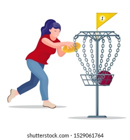 Woman throwing a disc to the basket.