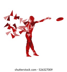 Woman throwing flying disc vector background concept made of polygon fragments isolated on white