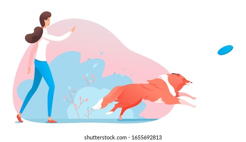 Woman throwing flying plate and dog running for it. Pet owner playing with domestic animal in park. Outdoor recreation with puppy. Doggy active exercise and training. Vector illustration