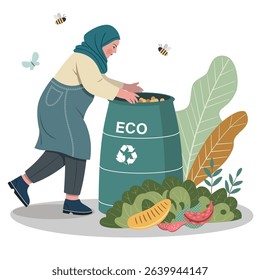 A woman is throwing food into a green Eco bin. Concept of recycling and taking care of the environment.
