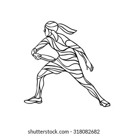 Woman throwing frisbee. Vector lineart illustration