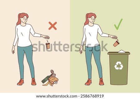 Woman throwing garbage on ground or in trash can demonstrates right and wrong behavior. Bad girl litters on street and good female uses container for separate garbage and waste collection