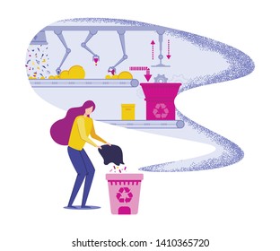 Woman Throwing Garbage in Trash Bin Supporting Recycling Concept Cartoon Flat Vector Illustration. Recycling Plant or Factory Background. Sorting Conveyor with Waste in Landfill and Grippers.