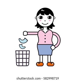 Woman throwing garbage in the trash bin. Warning sign vector illustration.