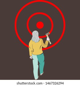 Woman Throwing Hatchet In Wood Target. Axe Throwing, Lumberjack Sports, Success Axe. Vector.