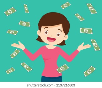 Woman Throwing her Money up in the Air, Money Rain, Financial Success, Profit, Income Concept