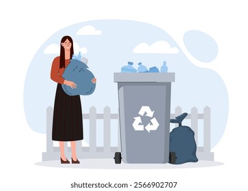 Woman throwing out trash. Young girl with bag of plastic near trash can. Zero waste and sustainable lifestyle. Caring for nature and environment, cleanliness. Flat vector illustration