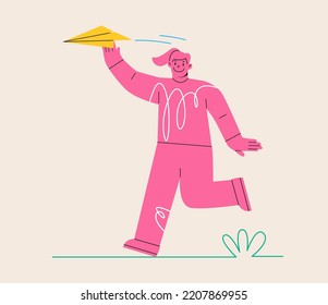 Woman throwing a paper airplane. Sending mail, communication, messaging, email concept. Colorful vector illustration
