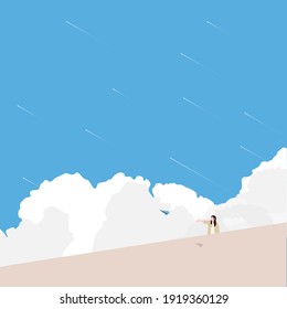 Woman throwing a paper plane with blue sky and clouds