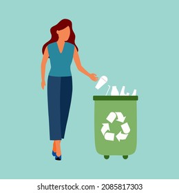 Woman throwing a plastic cup into a trash can in flat design. Plastic waste garbage bin concept vector illustration. 
