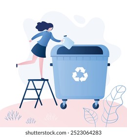 Woman throwing plastic garbage in the big trash can. Recycling concept. Separate waste collection. Female character in trendy blue style, vector illustration