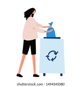 Woman throwing plastic garbage in the trash can. Recycling concept. Female character in trendy flat style. Vector illustration on white background. Plastic recycling. Waste collection, Waste sorting.